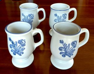 4 Pfaltzgraff Yorktowne Stoneware 5 " Pedestal Coffee Mugs Blue Gray