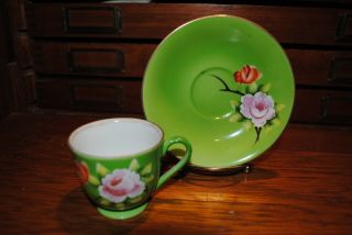 Occupied Japan Demitasse Cup And Saucer Green Background Pink And Red Roses