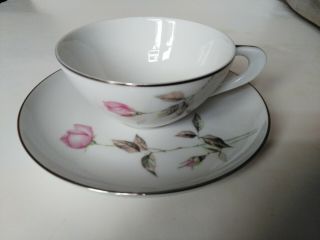 Tea Cup & Flat Saucer Dawn Rose Style House Fine China Vintage Japan Silver