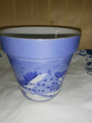 Vintage Currier & Ives Blue & White " The Homestead In Winter " Flower Pot/planter