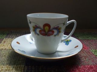 Porsgrund Of Norway Farmers Rose Cup And Saucer,  Multi Colored With Gold Trim