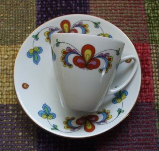 Porsgrund of NORWAY Farmers Rose cup and saucer,  multi colored with gold trim 2