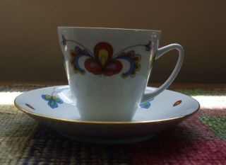 Porsgrund of NORWAY Farmers Rose cup and saucer,  multi colored with gold trim 3