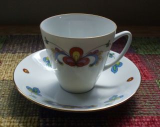 Porsgrund of NORWAY Farmers Rose cup and saucer,  multi colored with gold trim 4