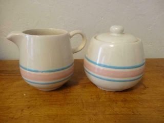 Vintage Mccoy Sugar Bowl & Creamer Set - Cream/off White W/blue & Pink Stripe