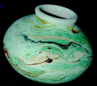 Vintage Nemadji Art Pottery 3 1/2 X 2 1/2 Vase Cache Pot Marbled Tan Coral Green