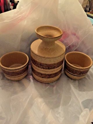 Vintage 1970s Pottery Craft Usa Brown Striped Stoneware Cups And Decanter Vase