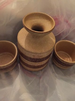 Vintage 1970s Pottery Craft USA Brown Striped Stoneware Cups and Decanter vase 4