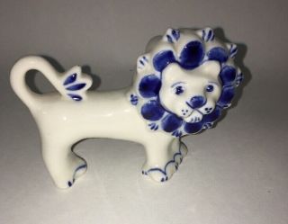 Vintage Handpainted Ussr Blue/white Pottery Lion Figurine Russia