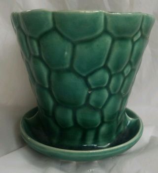 Vintage Brush Usa Green Pebblecraft Flower Pot And Saucer 330 - 5