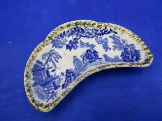 Antique Bone Plate - Scalloped - White On Blue - Side Dish - Gold Accents