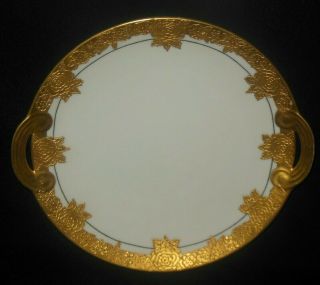 Antique Hand Painted Large Raised Gold Embossed Floral Design Cake Plate