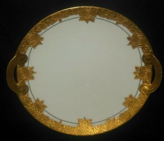 ANTIQUE HAND PAINTED LARGE RAISED GOLD EMBOSSED FLORAL DESIGN CAKE PLATE 3