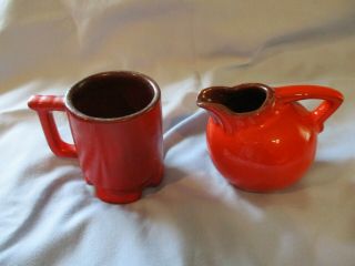 Vintage Frankoma Pottery Red Orange Rare Mini Pitcher & 3 " Mug