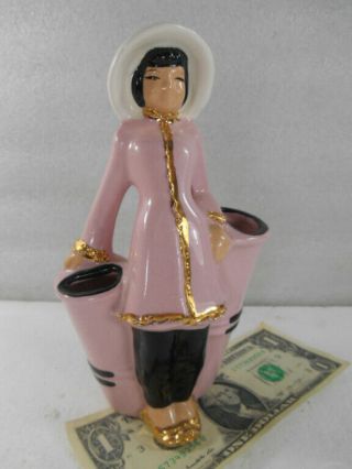 Vintage California Pottery Chinese Girl Lady Figurine 3 Hole Vase In Pink 7.  25 "
