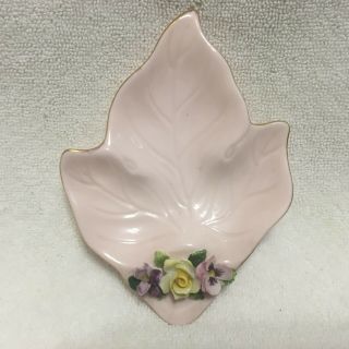 Adderley,  England,  Bone China,  Pale Pink Leaf Floral Trinket Dish Gold Edge.  C