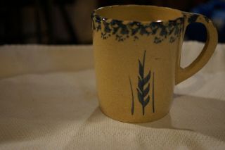Vintage Ransbottom R.  R.  P.  Co Roseville Blue Spongeware Pottery Wheat Coffee Mug