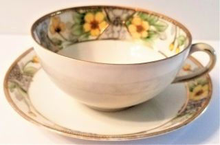 Antique Hand Painted Nippon Cup & Saucer With Gold Highlights
