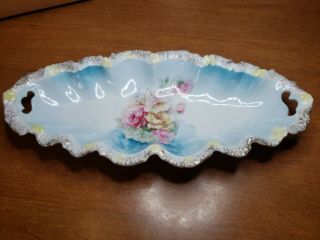 Antique Prussia Dresser Perfume Vanity Tray Pink Gold Roses Blue Oblong 9 X 4