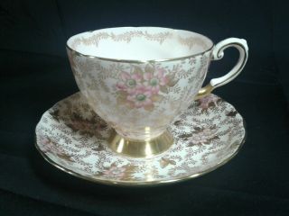 Vintage Tuscan Fine English Bone China Tea Cup & Saucer - Gold & Pink Flowers