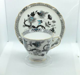 Vintage Tuscan Fine English Bone China Black,  Grey,  Blue Tea Cup And Saucer