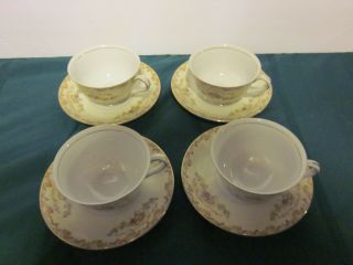 Jyoto China (4) Footed Cups & Saucers Occupied Japan Tan Scroll Floral Spray