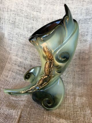 Hull Pottery Parchment And Pine Cornucopia Vase S - 6 - R Green Glaze 12inches Tall
