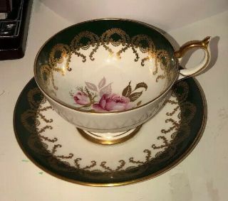 Aynsley China Hand Painted Cup & Saucer Green,  Gold Scrolls & Cabbage Rose 2831