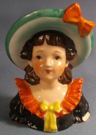 Vintage Lady Head Vase Made In Occupied Japan Green Hat Orange & Yellow Accents