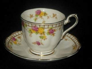 Royal Albert Crown China Painted Tea Cup Saucer Set Pink Yellow Roses 1927