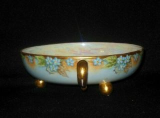 HAND PAINTED THREE FOOTED MAYONNAISE BOWL BLUE FORGET ME KNOT FLOWERS 1900 ' S 2