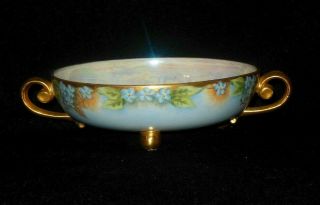 HAND PAINTED THREE FOOTED MAYONNAISE BOWL BLUE FORGET ME KNOT FLOWERS 1900 ' S 3