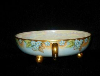 HAND PAINTED THREE FOOTED MAYONNAISE BOWL BLUE FORGET ME KNOT FLOWERS 1900 ' S 4