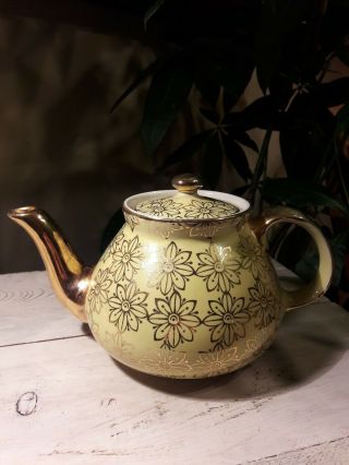 Vtg Hall Usa Canary Yellow,  Gold French Daisy Floral 6 Cup Teapot