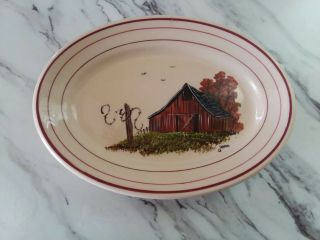 Vintage Sterling Vitrified China,  Desert Tan Small Oval Bowl,  Painted Barn Scene