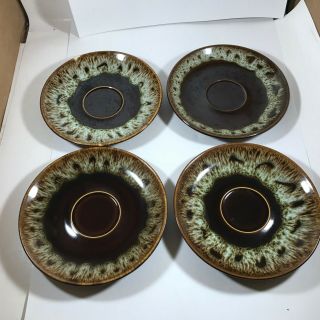 Set Of 4 Vintage Brown Drip Glaze Pottery Saucers