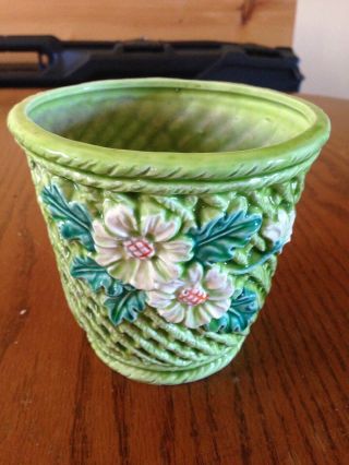 Vintage Green Ceramic Basket Weave Pattern Planter No.  5799