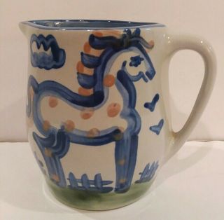M A Hadley Blue Horse Pottery Pitcher 5 " Excl Cond.  16 Oz.  " The End " (inside)
