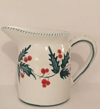 Made In Italy Ceramic Hand Painted Holiday Pitcher Holly Berries & Leaves