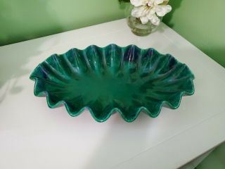 Vintage 1950s Royal Haeger Pottery Teal Blue Green Fluted Mcm Console Bowl Dish