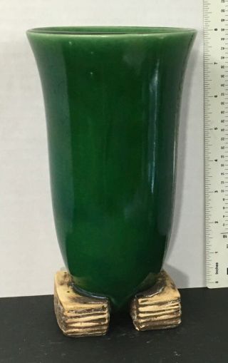 Vintage Mccoy Pottery 8 " Green Pedestal Line Vase