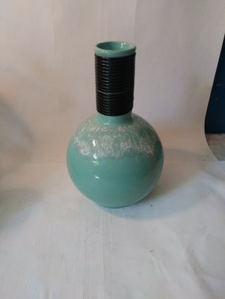 Vintage 9 " Art Pottery Vase Aqua Blue With White Frothy Drip Glaze