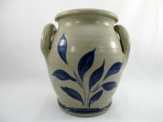 Williamsburg Pottery Blue Leaf Handled Stoneware Crock -
