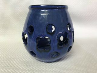 Studio Art Pottery Candle Holder With Cutouts Signed Vs Cobalt Blue