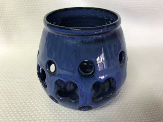 Studio Art Pottery Candle Holder with Cutouts Signed VS Cobalt Blue 3