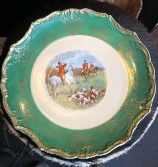 Vintage English British Fox Hunt Horse Riders Horn Gold Trim Green Plate Dish