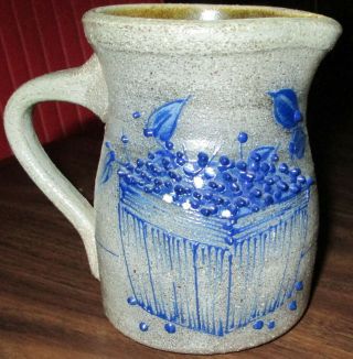 Small Salmon Falls Pottery Stoneware Pitcher With Handle Blueberries Has Flaw