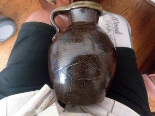 Brown Drip Glaze Stoneware Pottery Jug Pitcher W Handle 7  Vtg