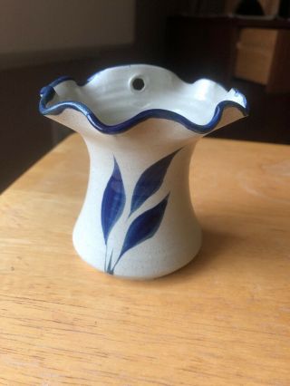 Williamsburg Pottery Salt Glaze Cobalt Blue Leaf Small Pot Vase Planter