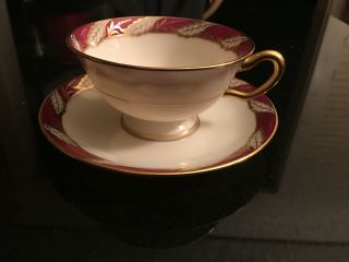 Lenox Bellevue Maroon Footed Tea Cup & Saucer P524r Green Back Stamp